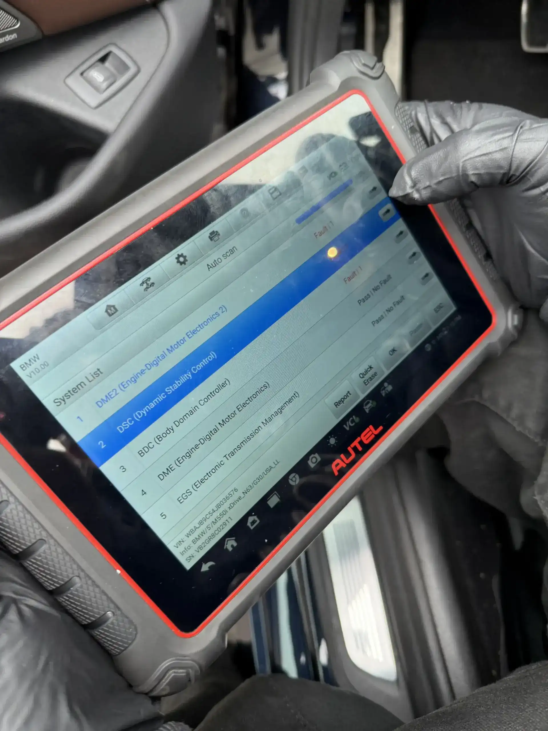 Autel scan tool reading multi-module fault codes during an electrical diagnostic at Beacon Auto Care San Mateo